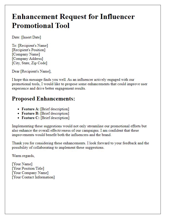 Letter template of influencer promotional tool enhancement request