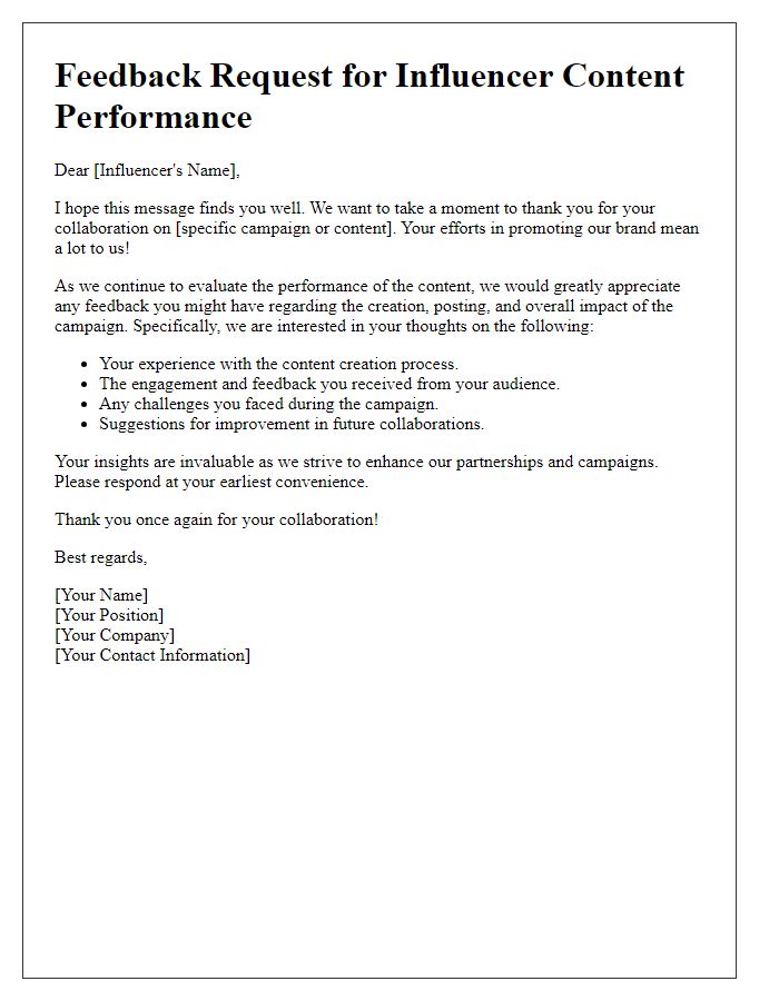 Letter template of feedback request for influencer content performance