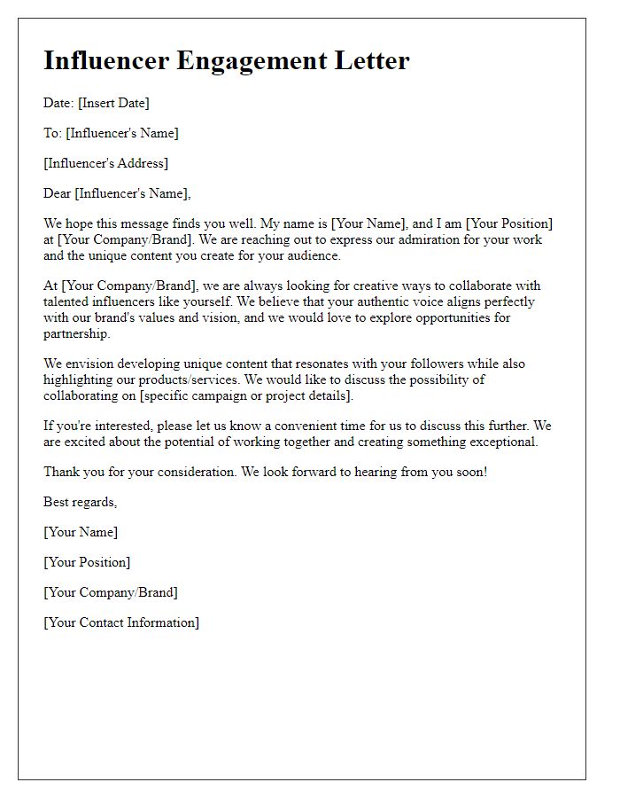 Letter template of influencer engagement for unique content development