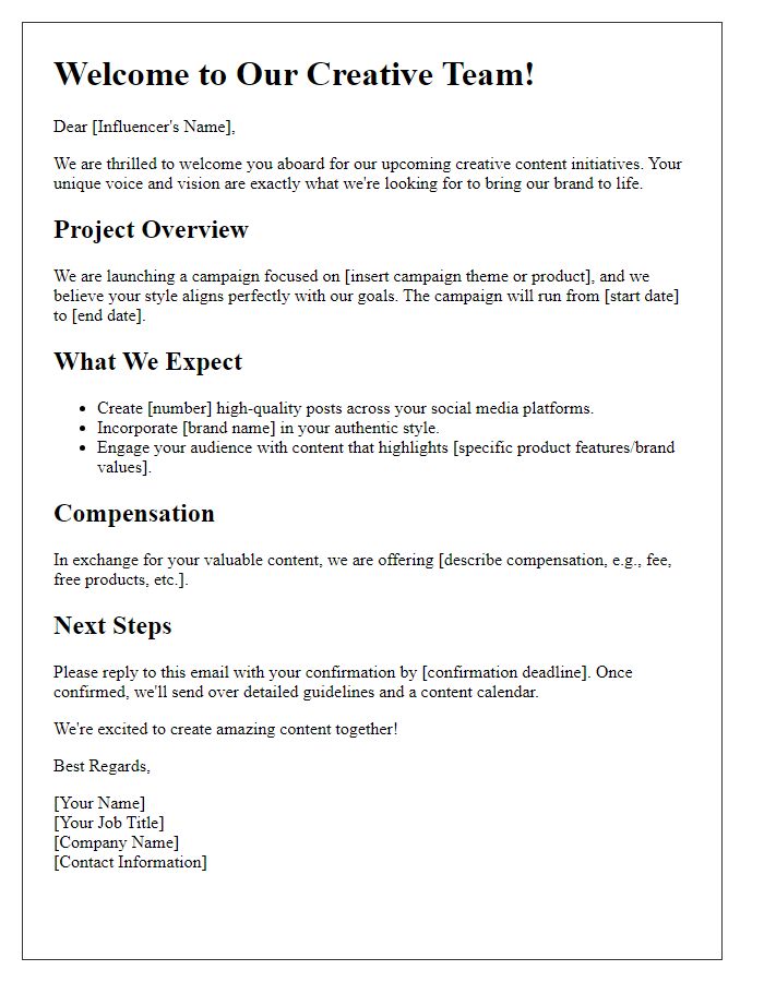 Letter template of influencer onboarding for creative content initiatives