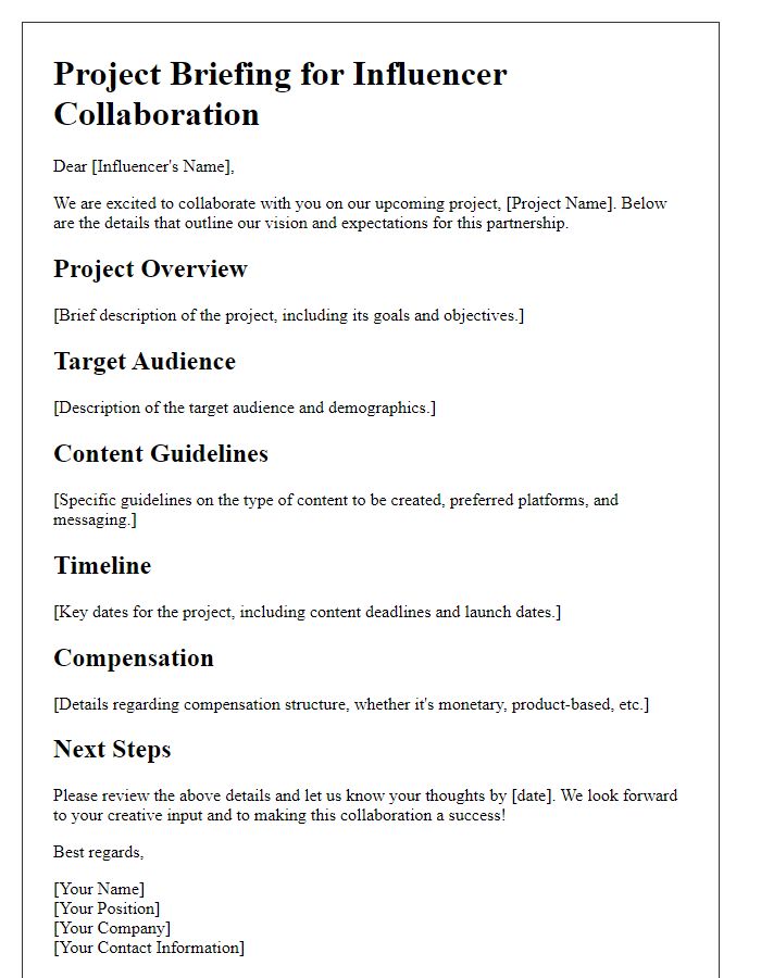 Letter template of project briefing for influencer content collaboration