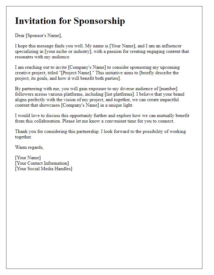 Letter template of sponsorship invitation for influencer-led creative projects