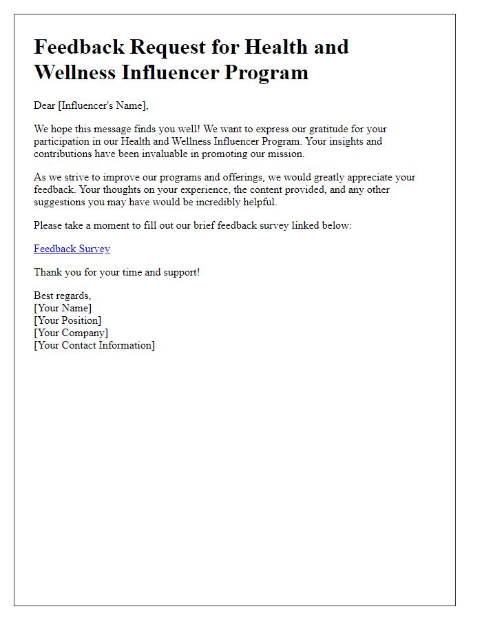 Letter template of feedback request for health and wellness influencer programs