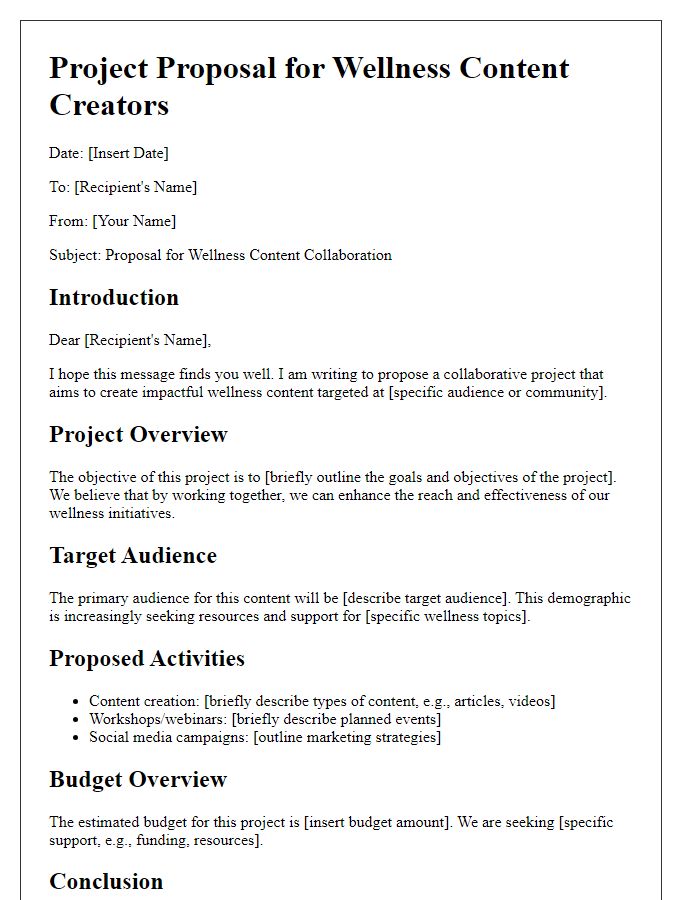 Letter template of project proposal for wellness content creators