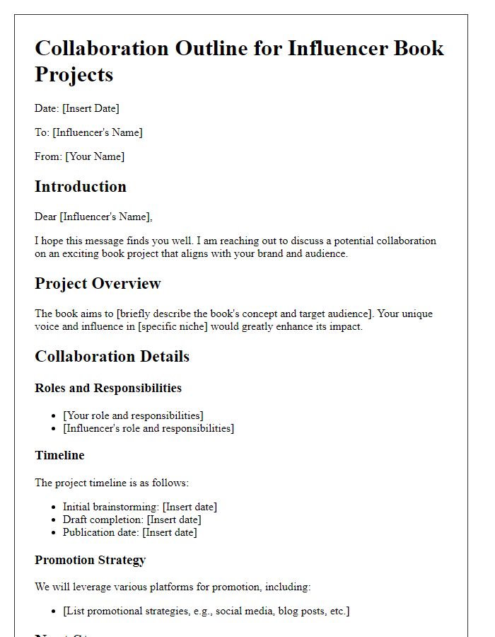 Letter template of collaboration outline for influencer book projects.