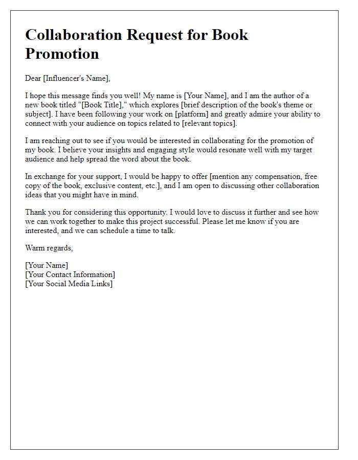 Letter template of collaboration request for influencer book promotion.