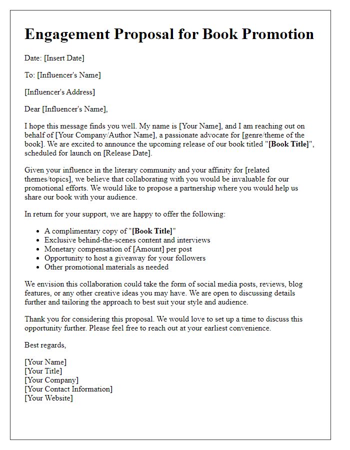 Letter template of engagement proposal for book promotion by influencers.