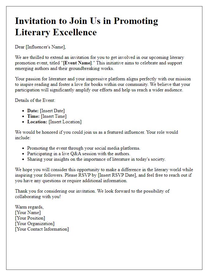 Letter template of influencer involvement invitation for literary promotion.