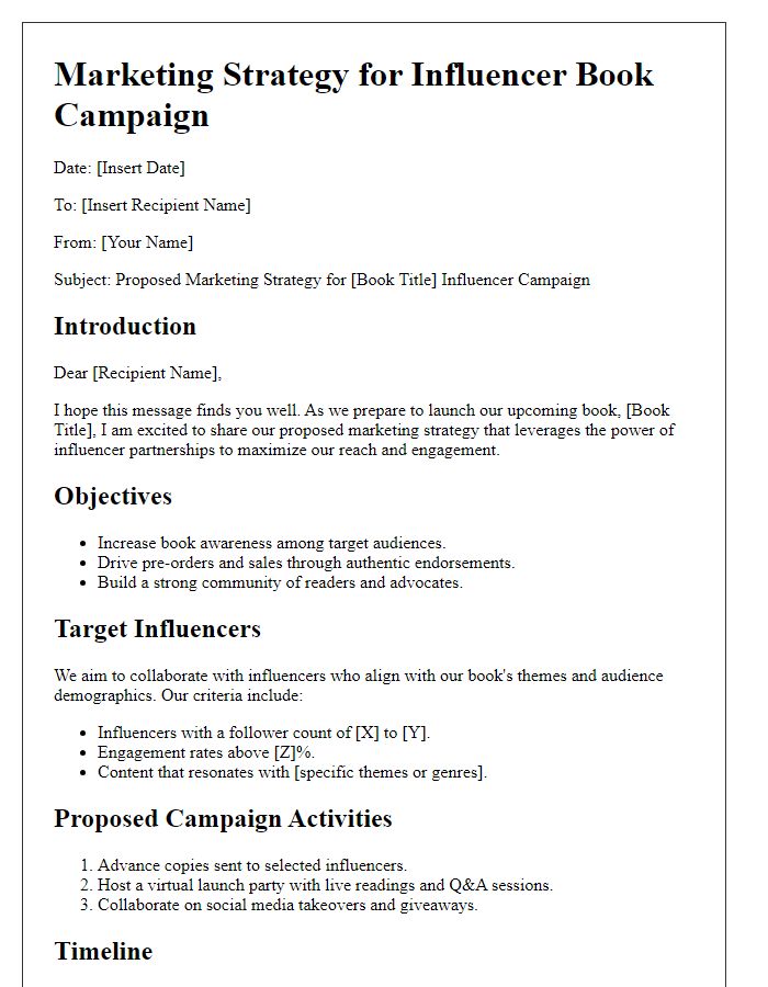 Letter template of marketing strategy for influencer book campaigns.