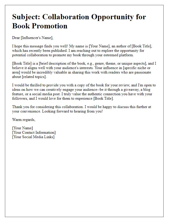 Letter template of networking appeal for book promotion via influencers.