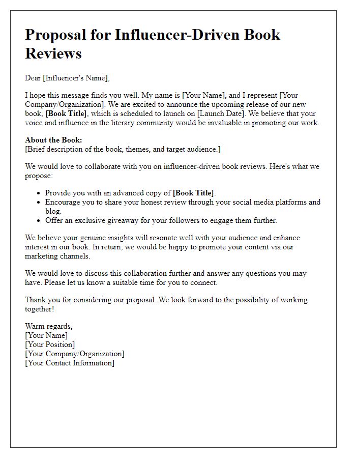 Letter template of proposal for influencer-driven book reviews.