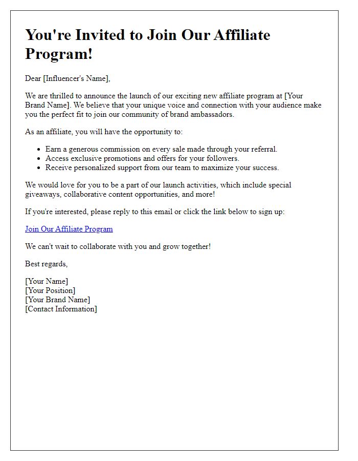 Letter template of affiliate program invitation for influencer launch activities.