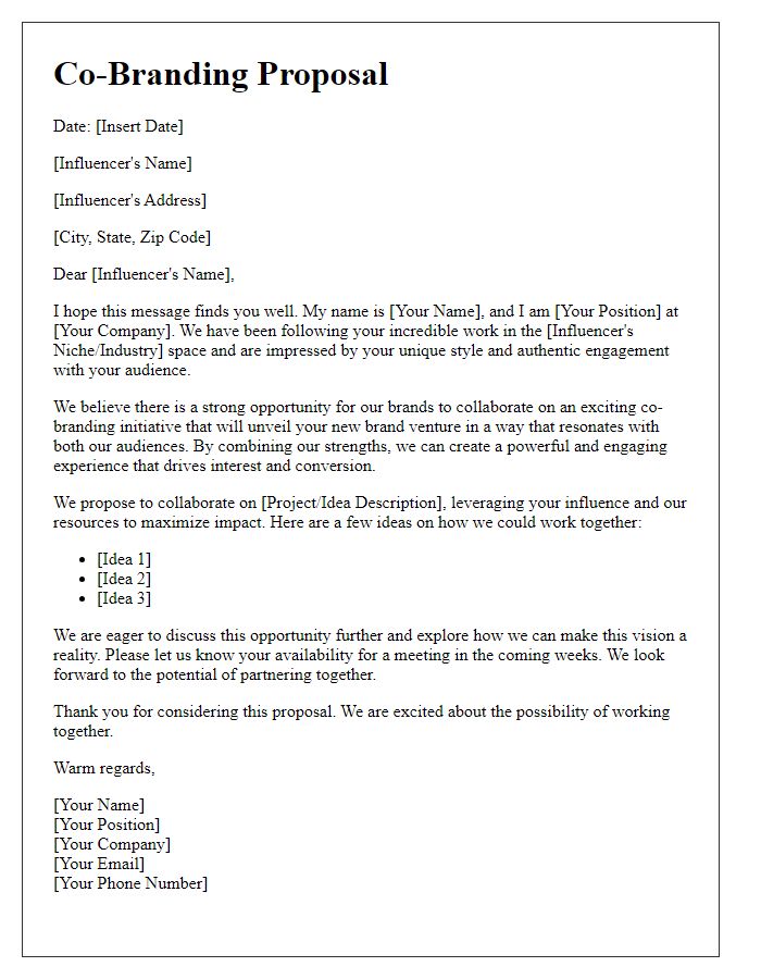 Letter template of co-branding proposal for influencer brand unveiling.