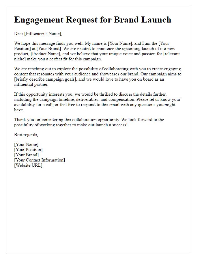 Letter template of engagement request for influencer brand launch.