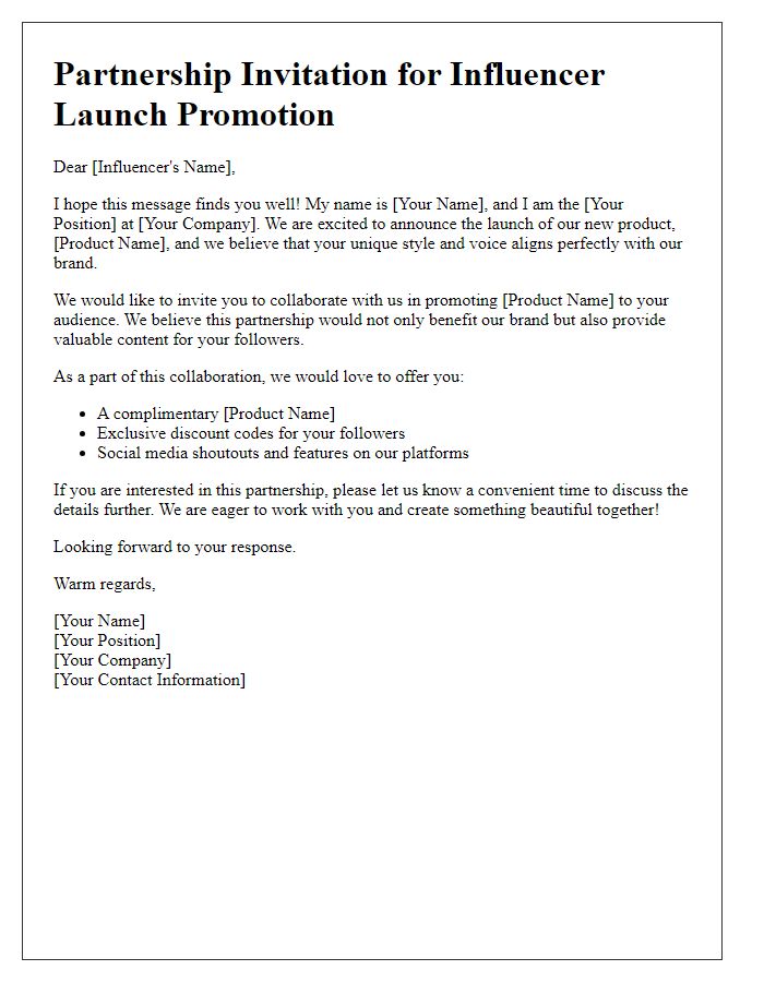 Letter template of partnership invitation for influencer launch promotion.