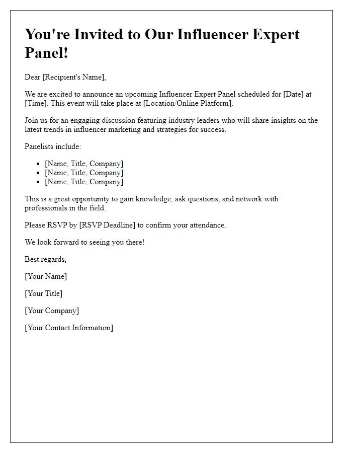 Letter template of announcement for upcoming influencer expert panel