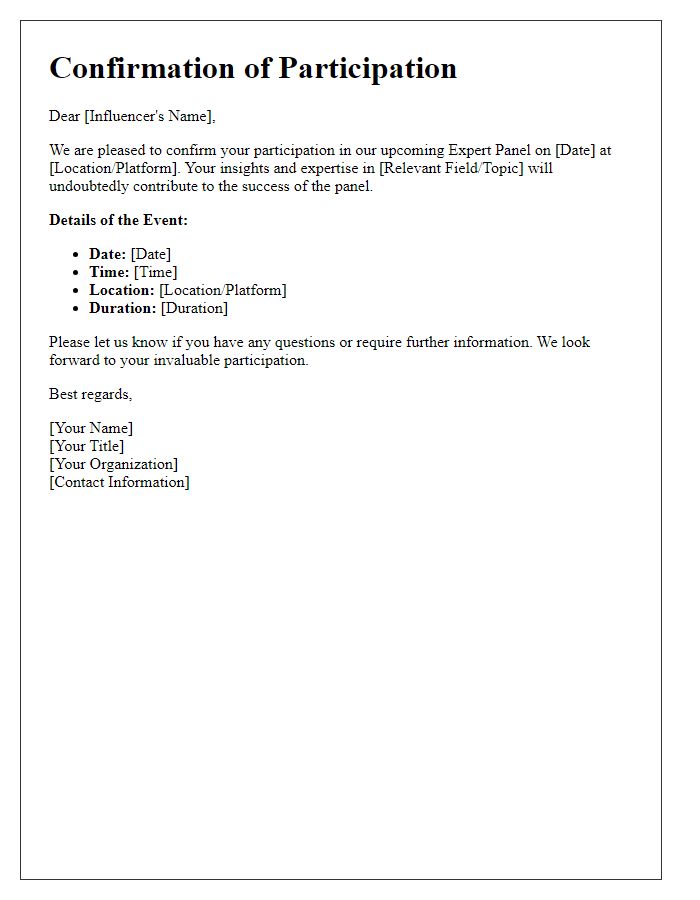 Letter template of confirmation for influencer expert panel participation