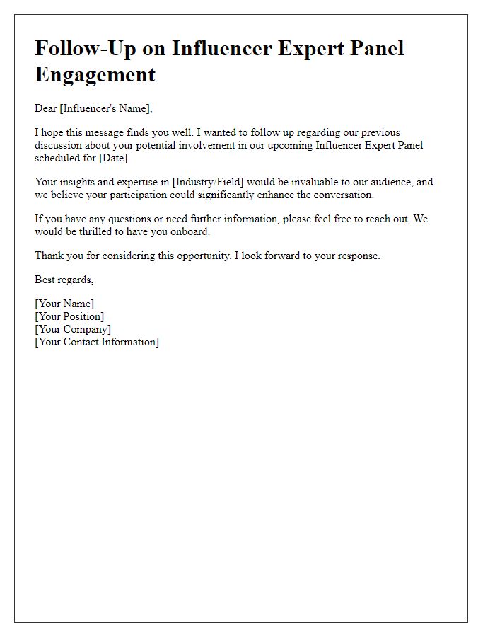 Letter template of follow-up for influencer expert panel engagement