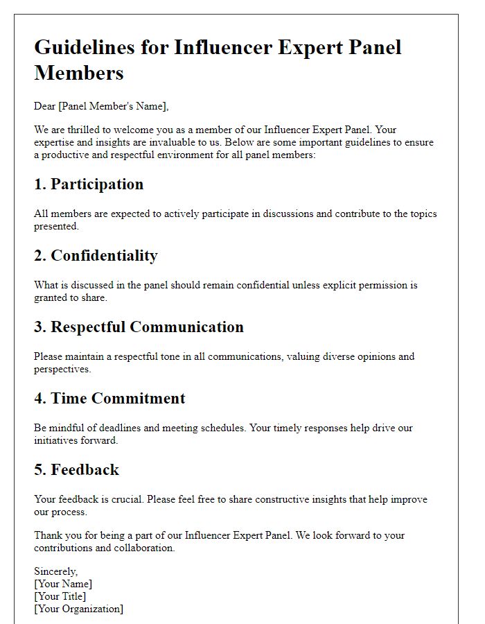 Letter template of guidelines for influencer expert panel members