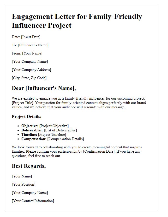 Letter template of engagement for family-friendly influencer projects