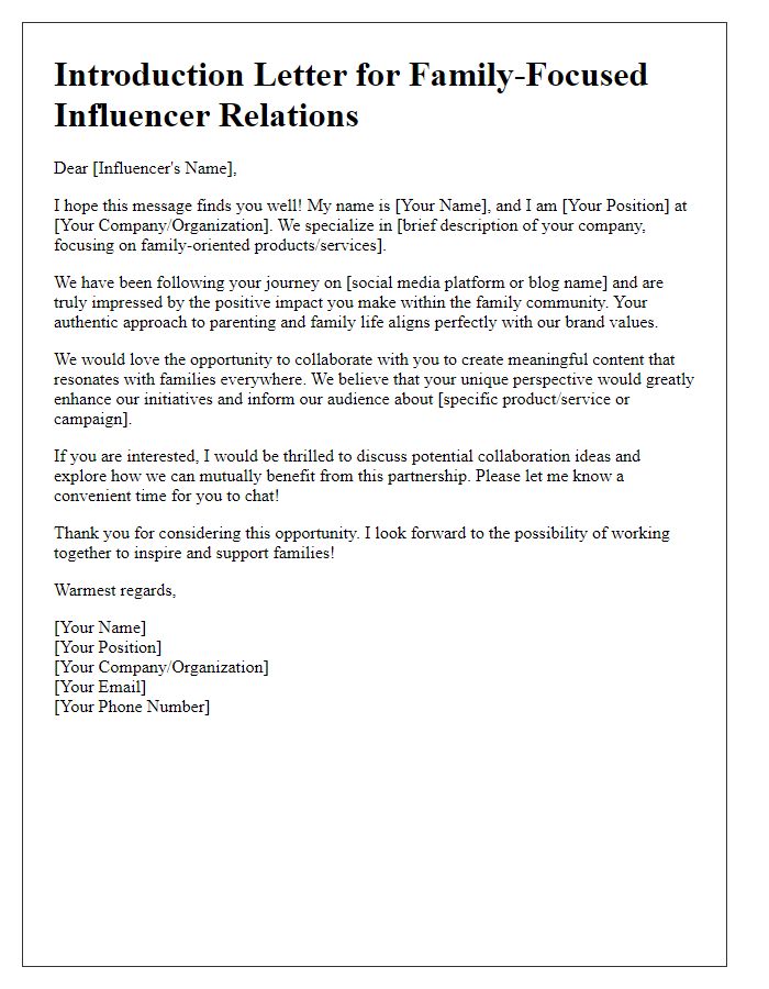 Letter template of introduction for family-focused influencer relations