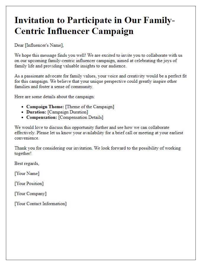 Letter template of invitation for family-centric influencer campaigns