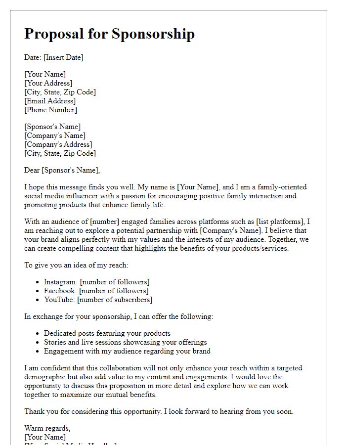 Letter template of sponsorship proposal for family-oriented social media influencers