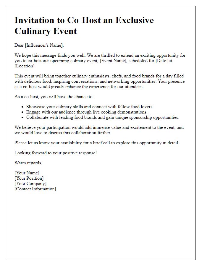 Letter template of co-hosting opportunity for influencer culinary event