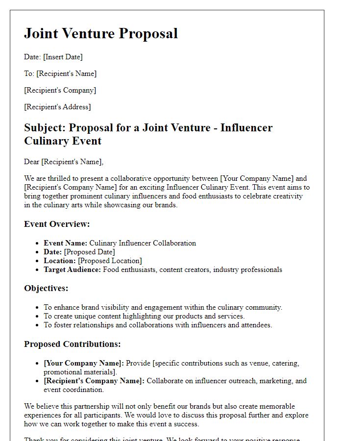 Letter template of joint venture proposal for influencer culinary event