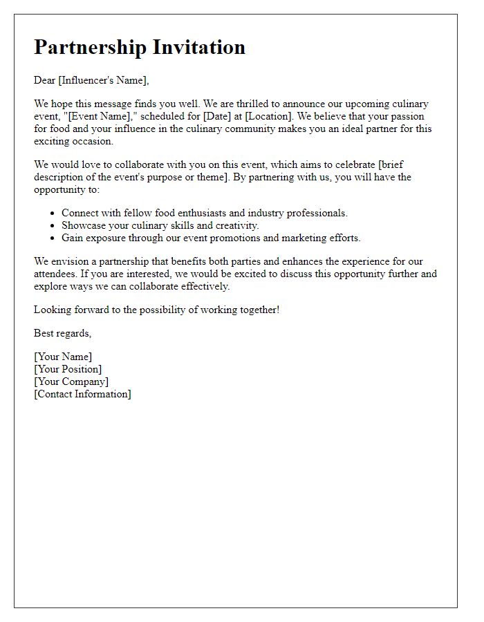 Letter template of partnership invitation for influencer culinary event collaboration