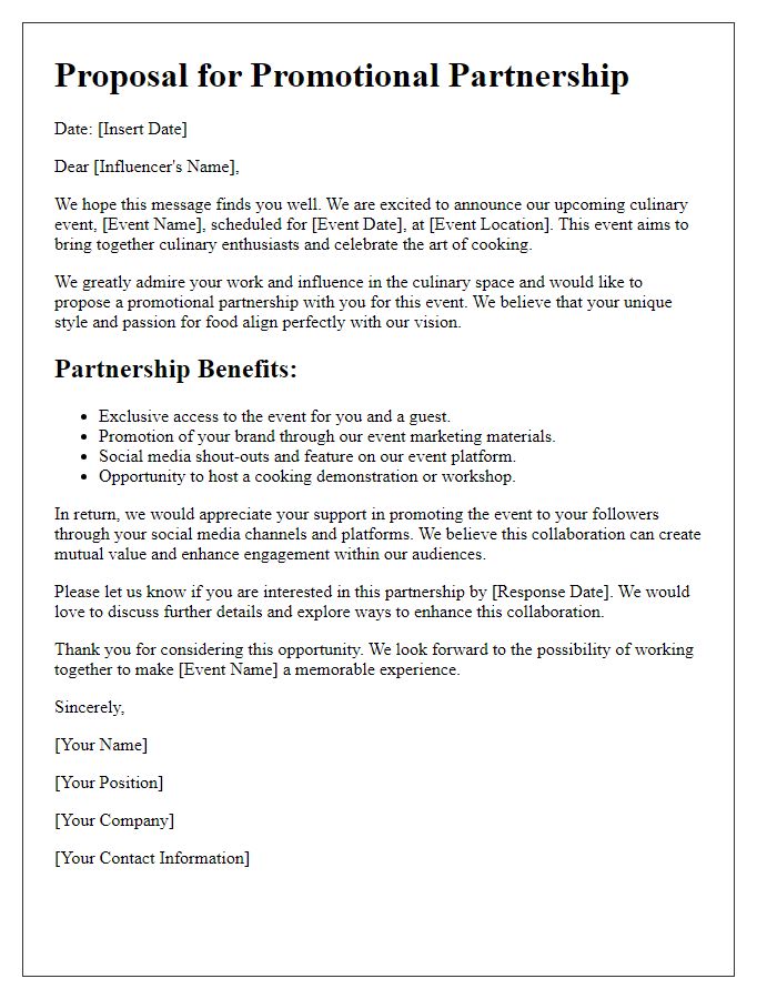 Letter template of promotional partnership for influencer culinary event support