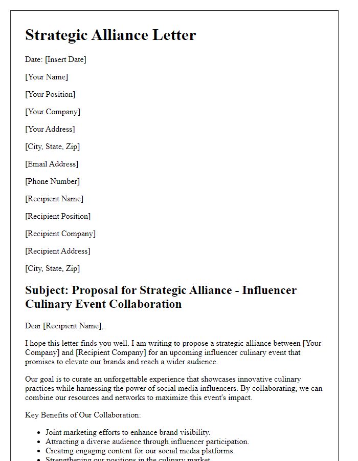 Letter template of strategic alliance for influencer culinary event collaboration