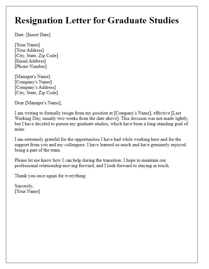 Letter template of resignation to begin graduate studies.