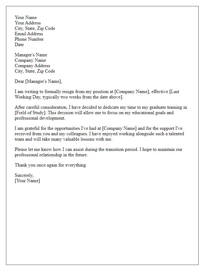 Letter template of resignation to dedicate time to graduate training.