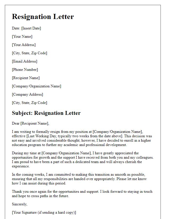 Letter template of resignation for enrollment in a higher education program.