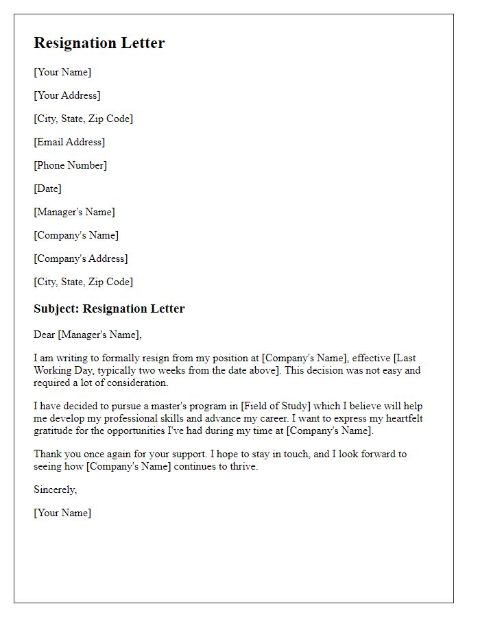 Letter template of resignation to join a master's program.