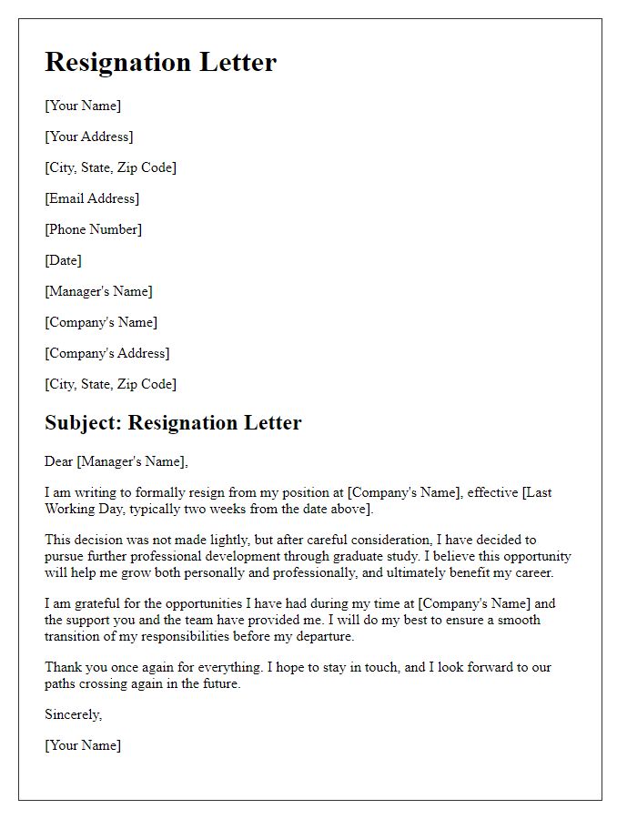 Letter template of resignation for professional development through graduate study.