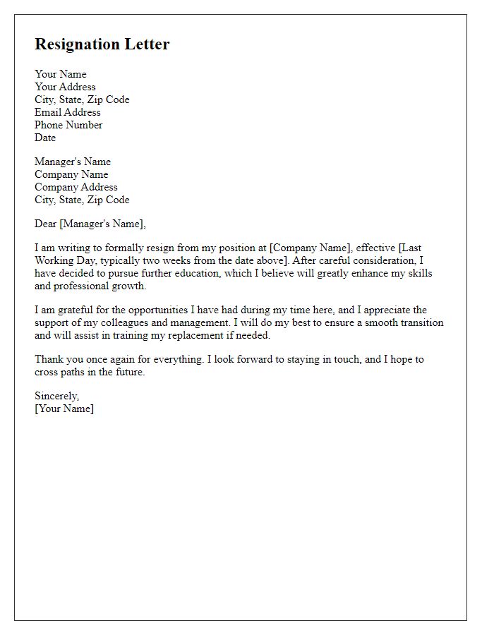 Letter template of resignation for pursuing further education.