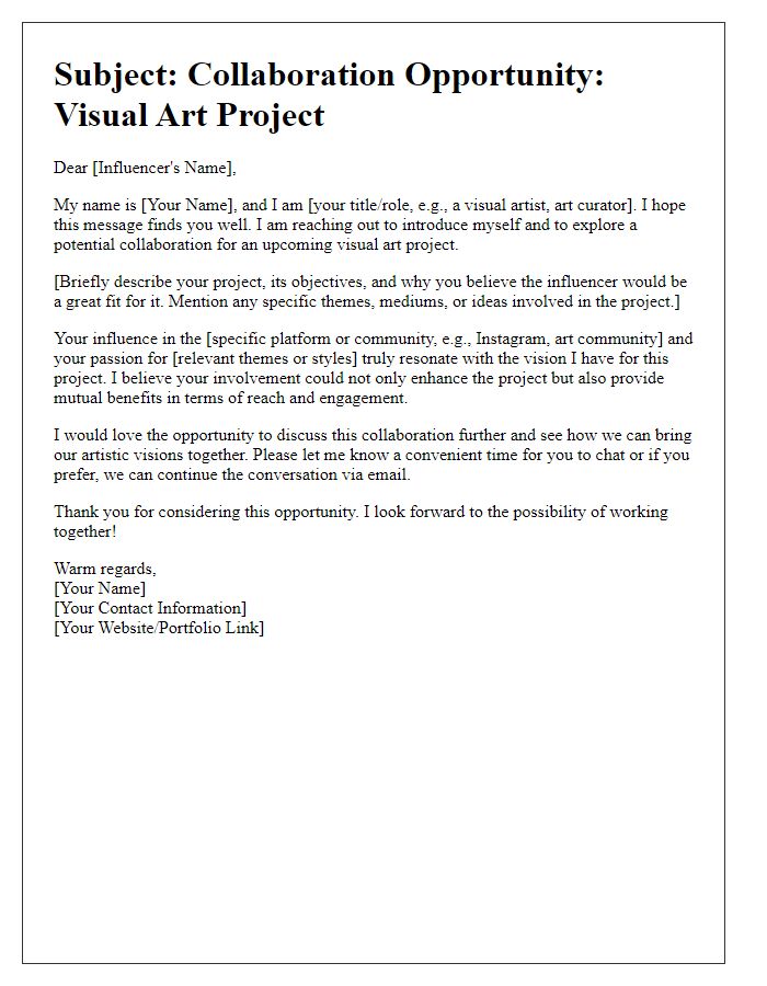 Letter template of introduction for visual art projects with influencers