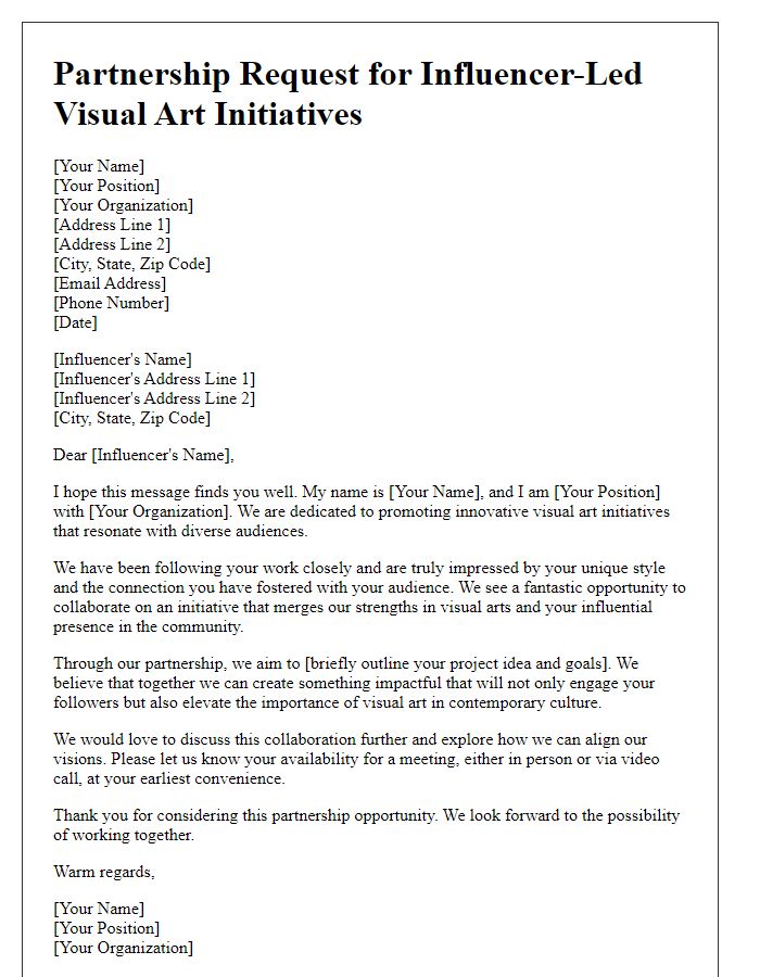 Letter template of partnership request for influencer-led visual art initiatives