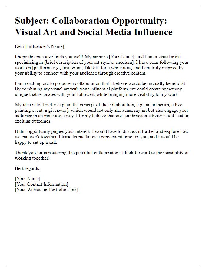 Letter template of pitch for visual art collaboration with social media influencers