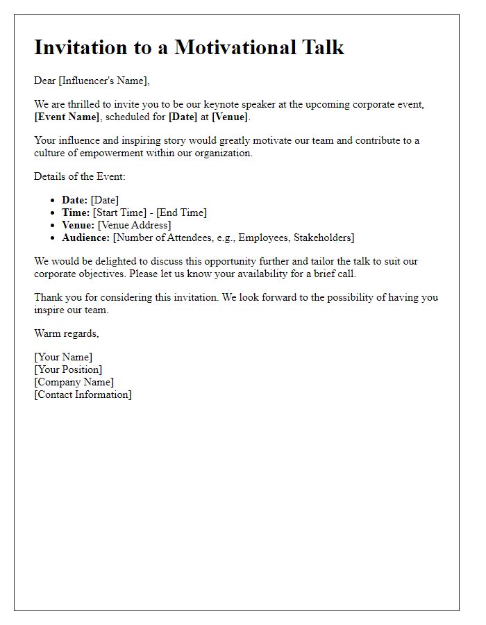 Letter template of invitation for influencer motivational talk at a corporate event.