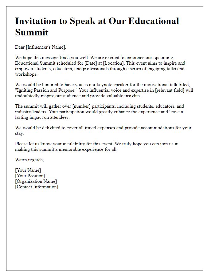 Letter template of invitation for influencer motivational talk during an educational summit.