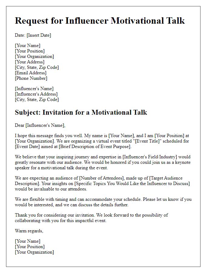 Letter template of request for influencer motivational talk at a virtual event.