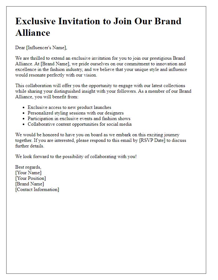 Letter template of brand alliance invitation for elite fashion influencers