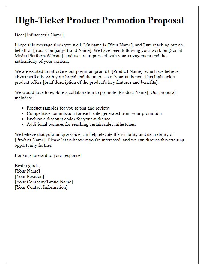 Letter template of high-ticket product promotion proposal for influencers