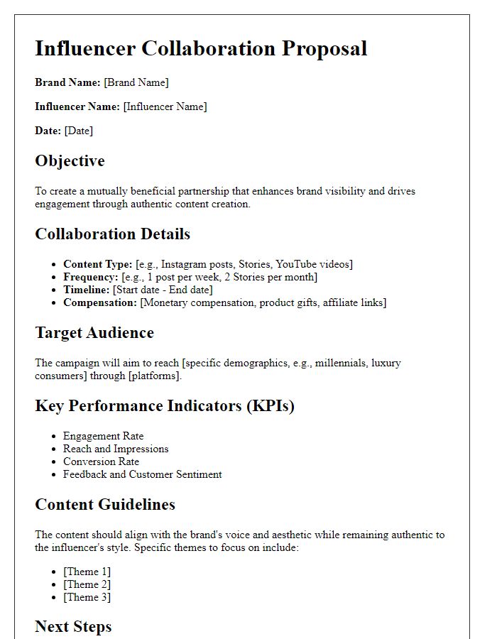 Letter template of influencer collaboration outline for upscale brands