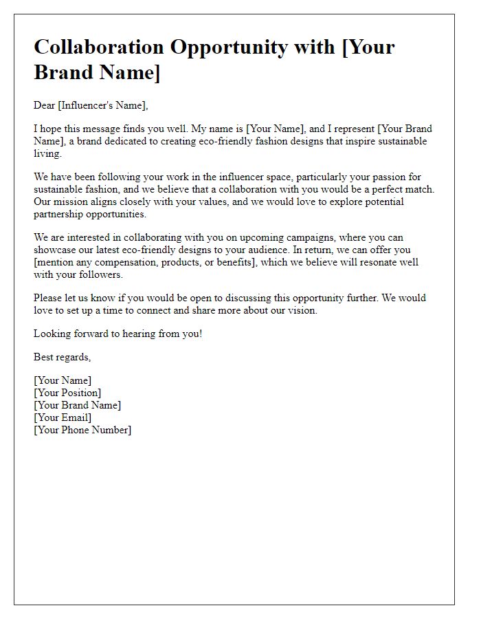 Letter template of collaboration opportunity for influencers focused on eco-friendly fashion designs.