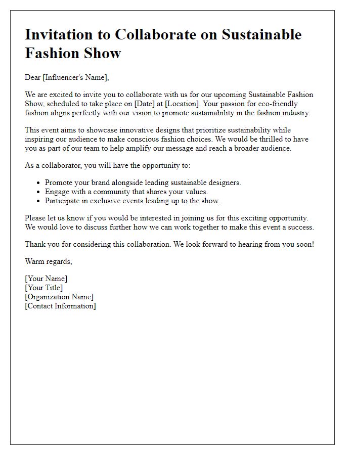 Letter template of invitation for influencers to collaborate on a sustainable fashion show.