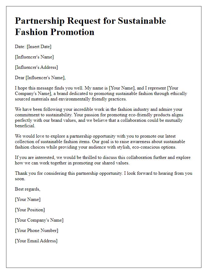 Letter template of partnership request for influencers promoting sustainable fashion.